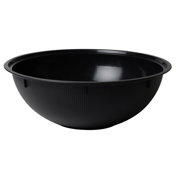 A black Fineline Settings Platter Pleasers plastic bowl with ribbed lines on the outside.
