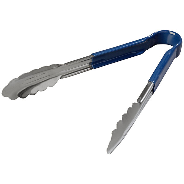 A close-up of a Carlisle stainless steel tongs with blue handles.