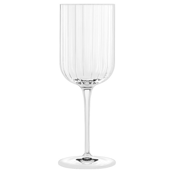 A Luigi Bormioli Bach white wine glass with a clear bowl and black stem.