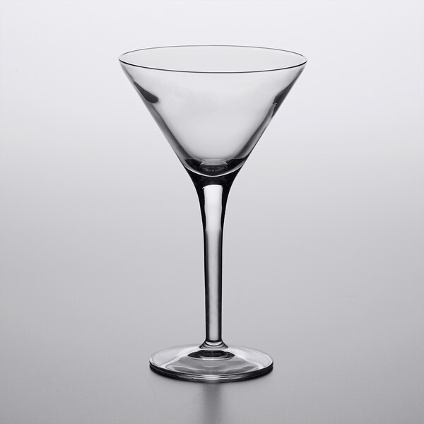 A Luigi Bormioli Michelangelo martini glass with a long stem.