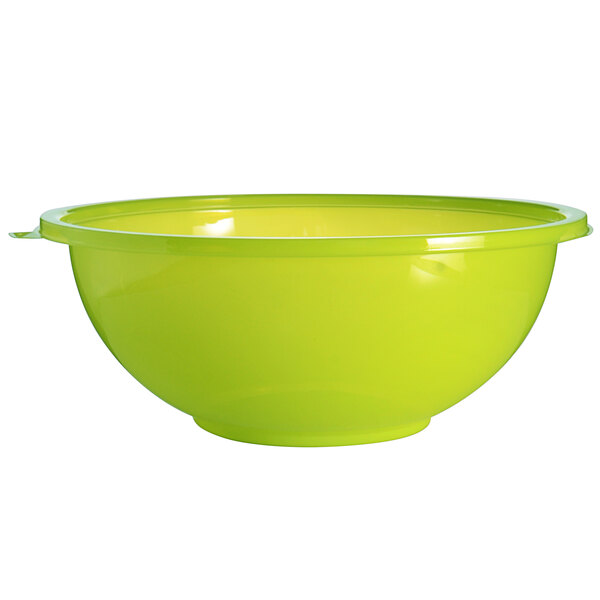 A close up of a green Fineline PETE plastic salad bowl with a lid.