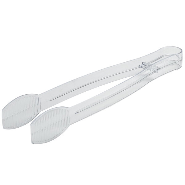 A pair of Fineline clear plastic tongs with ridged handles.