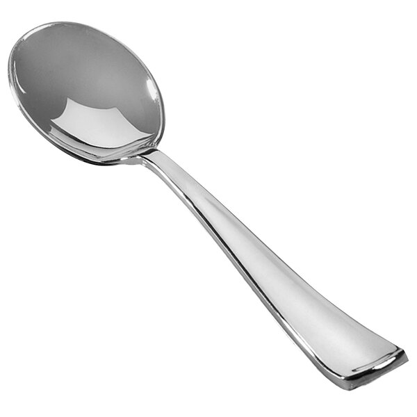 A Fineline silver plastic soup spoon with a handle.