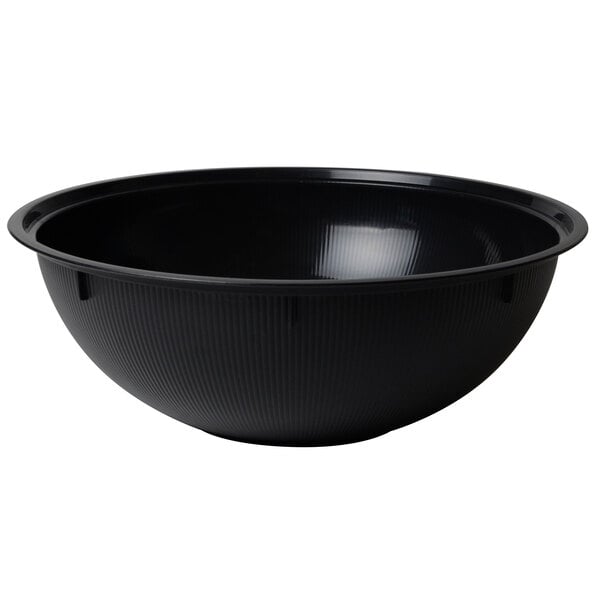 A black Fineline Settings plastic bowl with ribbed lines.