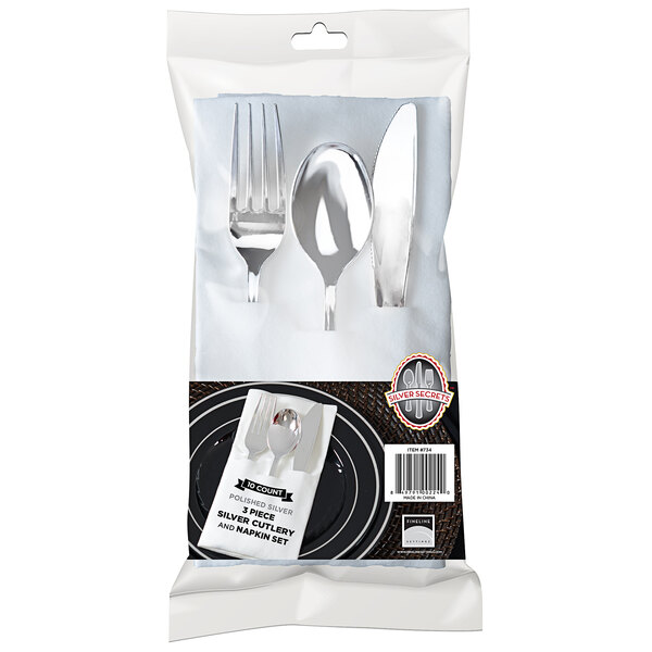 A package of Fineline silver plastic cutlery with a fork and knife inside and a white pocket fold napkin.