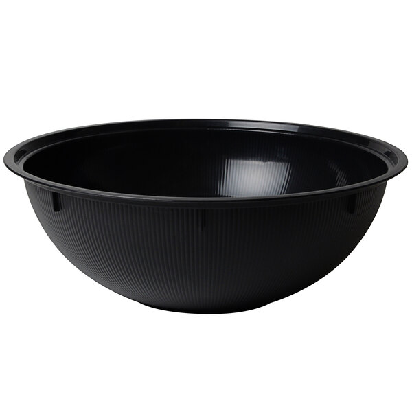 A black Fineline Settings high profile plastic bowl with a ribbed design.