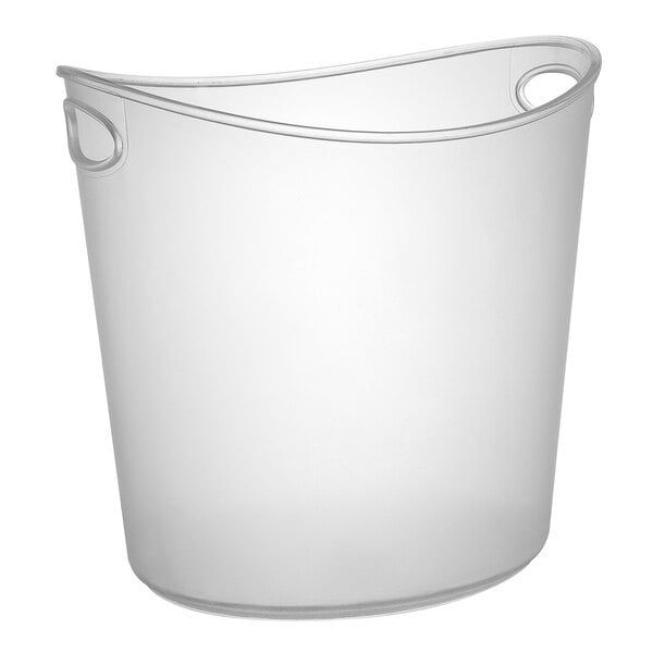 A clear plastic Fineline ice bucket with handles.