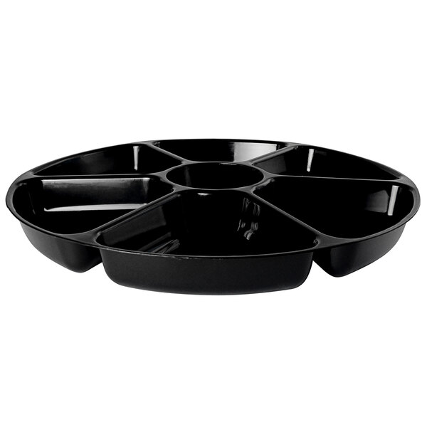 A Fineline black plastic tray with seven compartments.