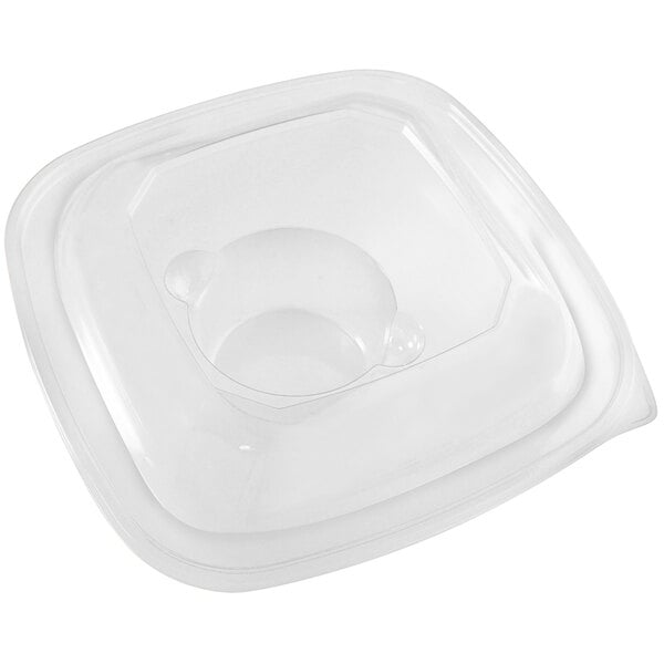 A clear plastic dome lid with a hole for a Fineline square bowl.
