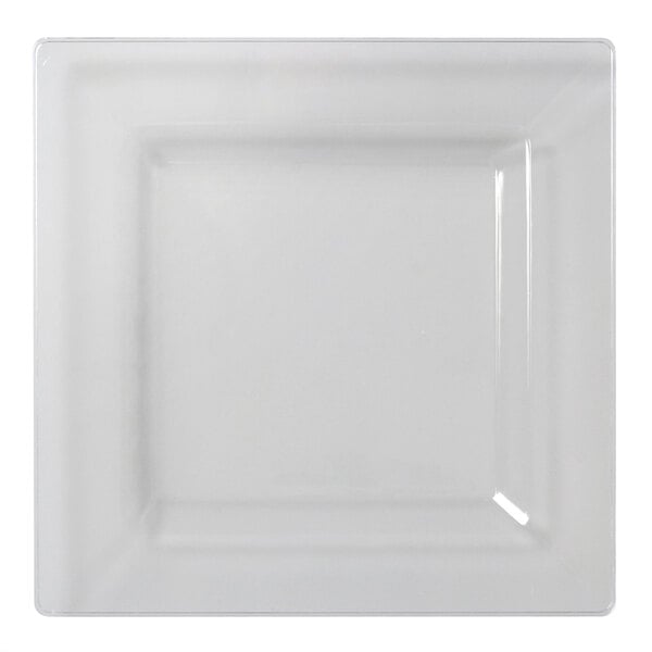 A clear square dinner plate with a square edge.
