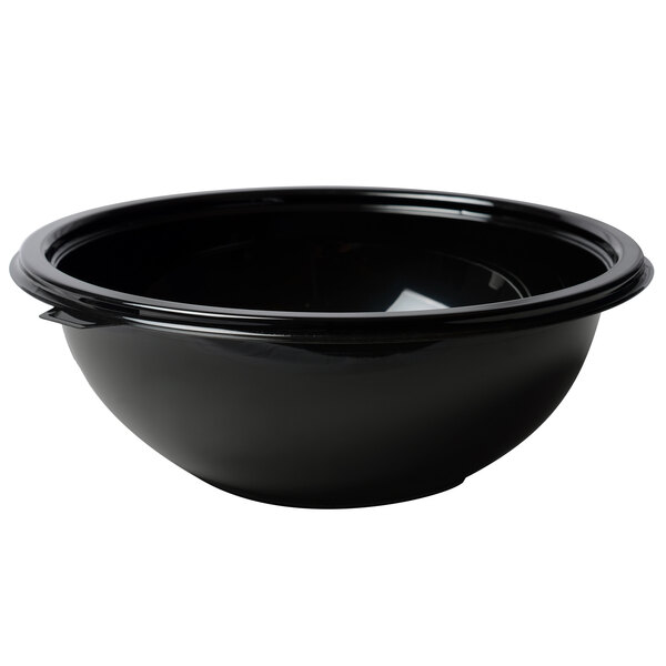A black Fineline plastic salad bowl with a black rim.