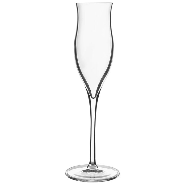 A close-up of a Luigi Bormioli Vinoteque grappa glass with a long stem.