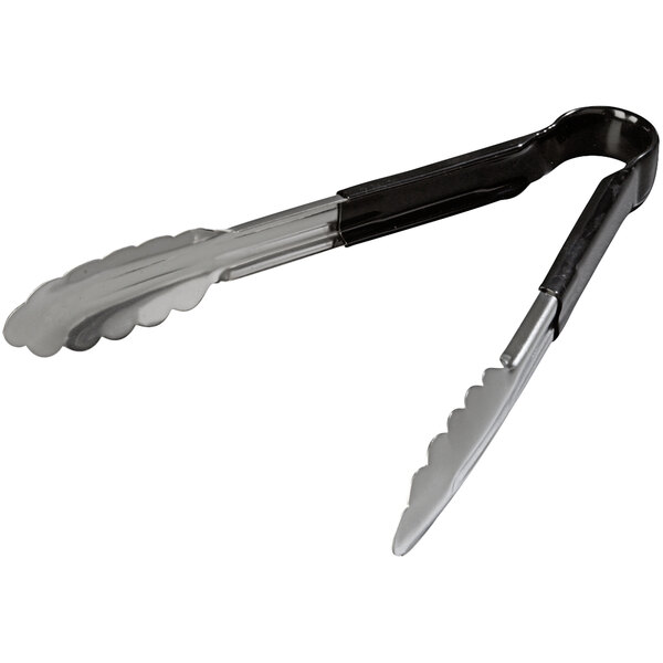 A Carlisle stainless steel tong with a black Dura-Kool handle.