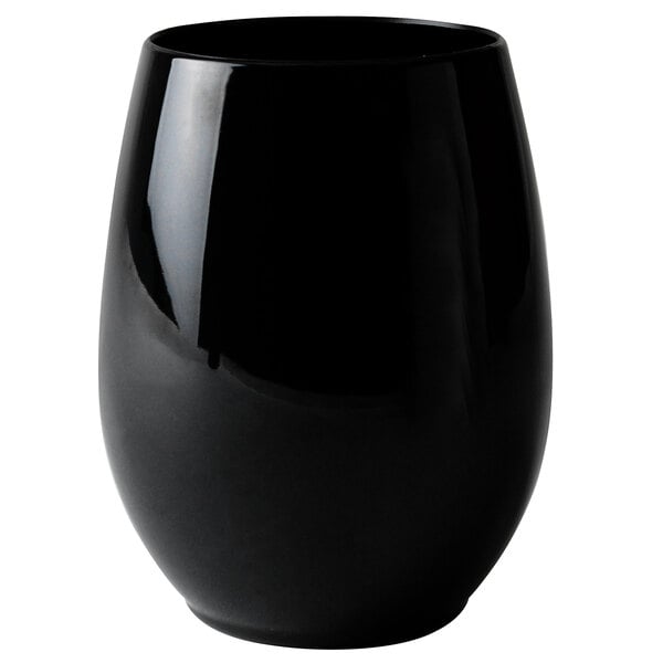 A black plastic stemless wine glass on a white background.