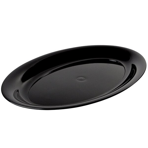 A black polystyrene oval tray with a rim.