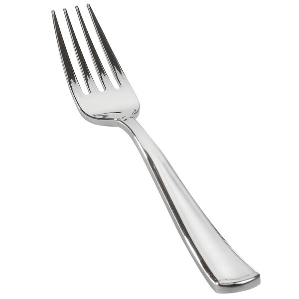 A close-up of a Fineline silver plastic fork.