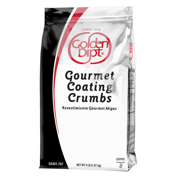 A white Golden Dipt bag with black text for gourmet bread crumbs.