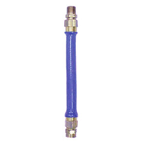 A blue and silver Dormont water connector hose with a gold handle.