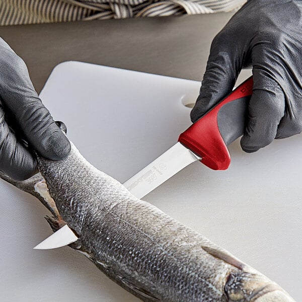 A person in gloves using a Dexter-Russell narrow boning knife with a red handle to cut a fish.