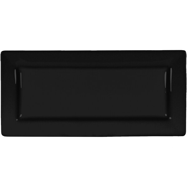 A black rectangular porcelain platter with a white border.