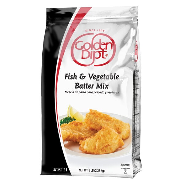 A white bag of Golden Dipt Fish & Vegetable Batter Mix on a white background.