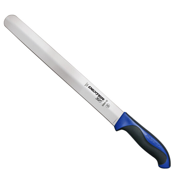 A Dexter-Russell slicing knife with a blue handle.
