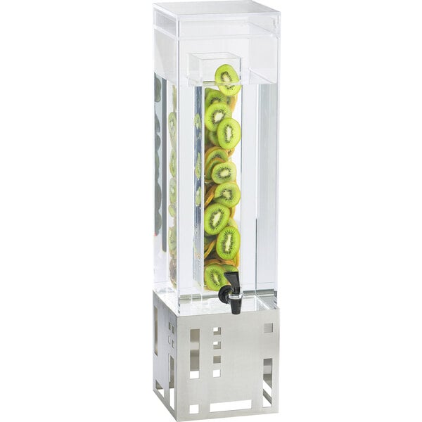 A Cal-Mil stainless steel beverage dispenser with kiwi slices in the infusion chamber.