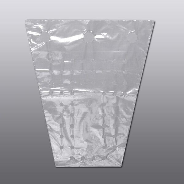 A clear polyethylene plastic bag with vent holes and twist ties.