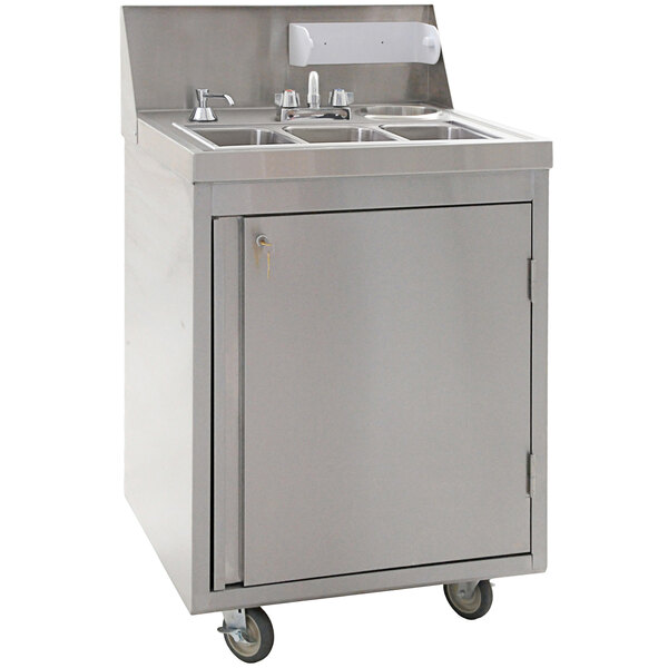 A stainless steel Eagle Group portable sink with three compartments on wheels.