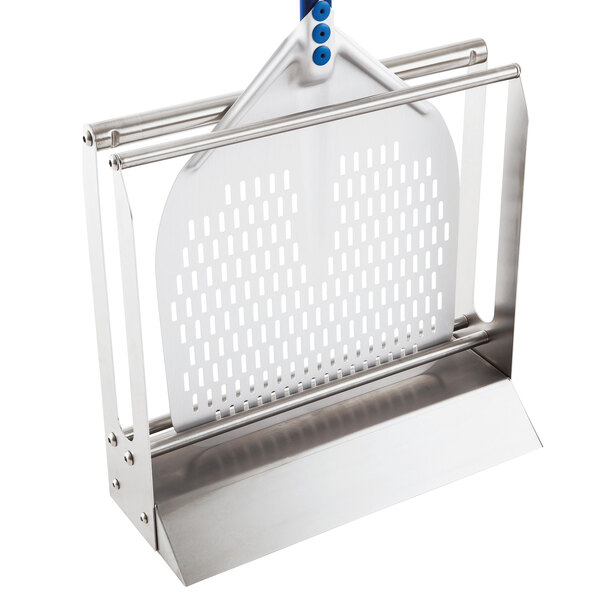 A stainless steel holder with blue accents for a GI Metal pizza peel.