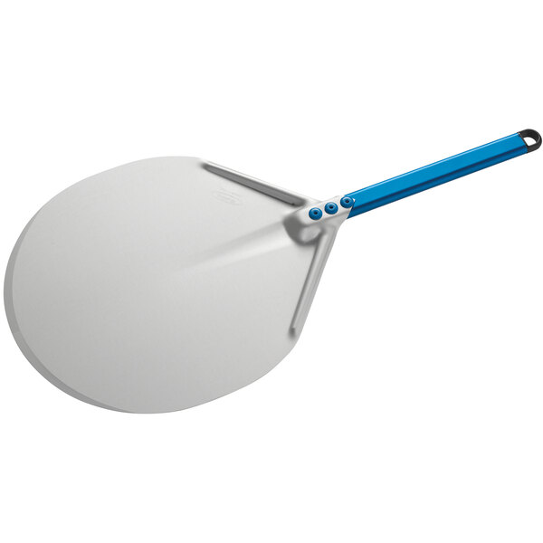 A white pizza peel with a blue handle.