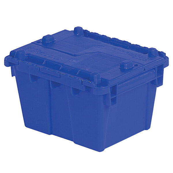 An Orbis dark blue plastic Stack-N-Nest tote box with a hinged lid.