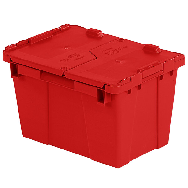 A red Orbis Stack-N-Nest Flipak tote box with hinged lid.