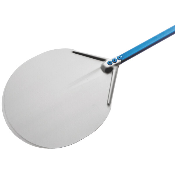A silver and blue GI Metal Azzurra round pizza peel with a blue handle.