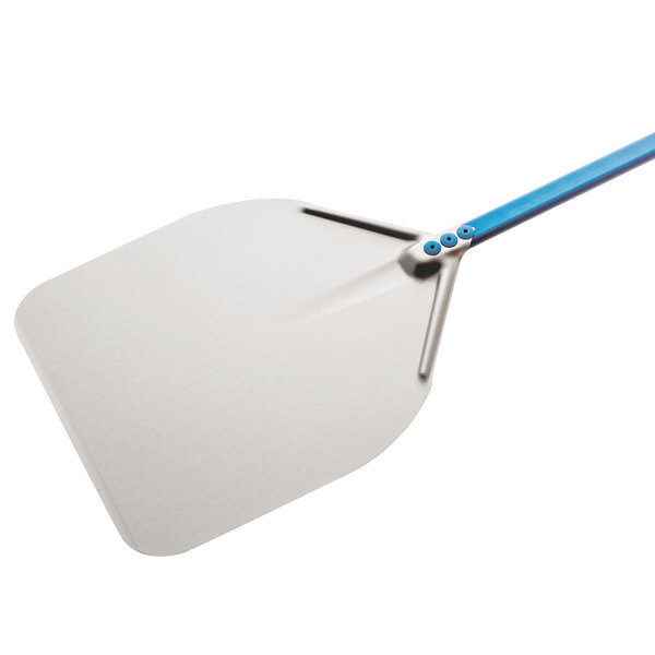 A GI Metal square pizza peel with a blue handle.