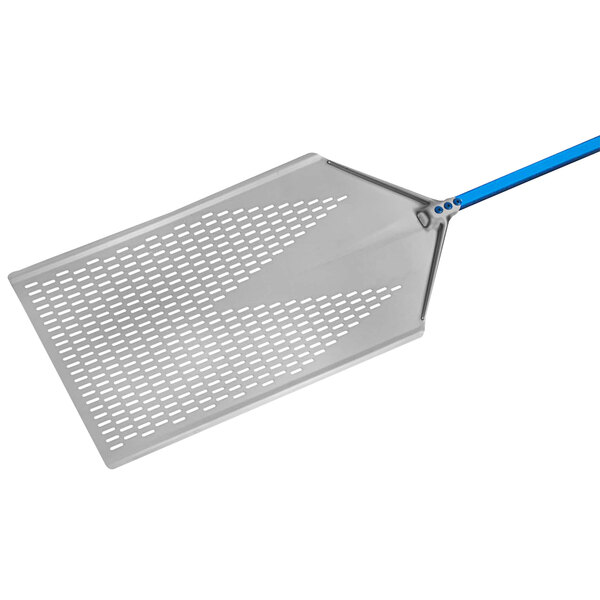 A GI Metal rectangular perforated pizza peel with a blue anodized aluminum handle.