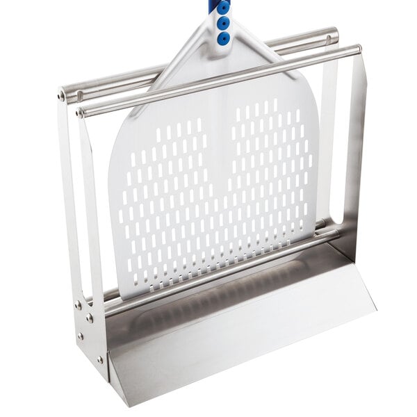 A silver metal basket with a blue handle and holes for a GI Metal pizza peel.