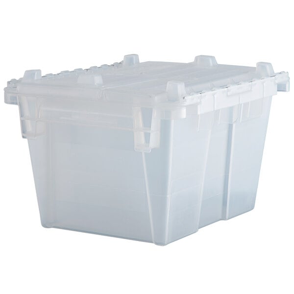 A clear Orbis plastic tote box with a hinged lid.