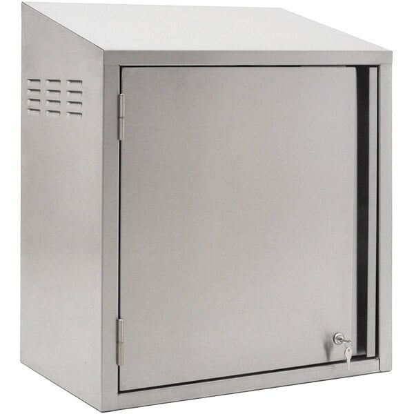 A stainless steel Eagle Group wall cabinet with a key lock.