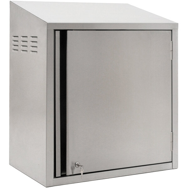 A stainless steel Eagle Group wall cabinet with a key lock and a right hinged door.