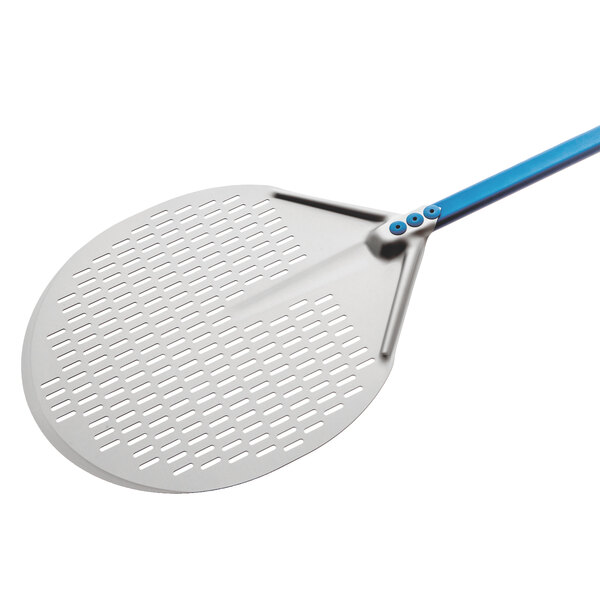 A silver pizza peel with a blue handle.