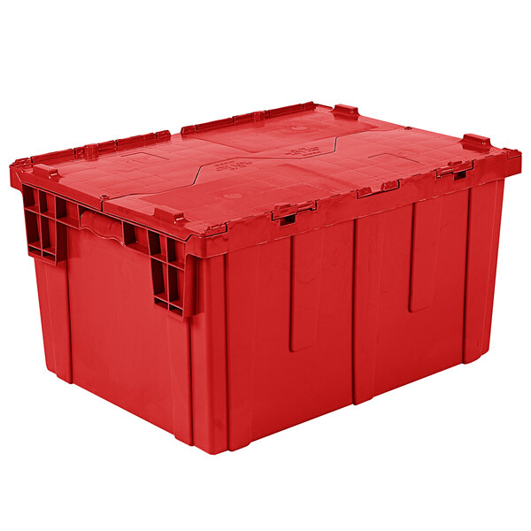 A red plastic Orbis Stack-N-Nest Flipak tote box with lid.