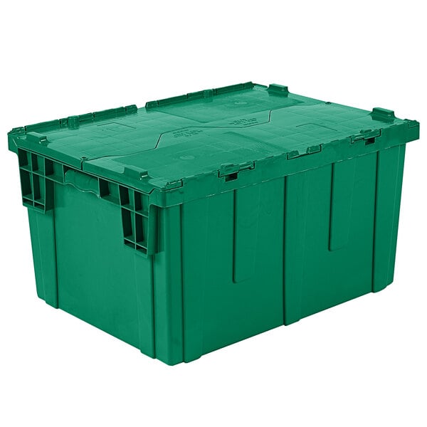 A green Orbis Stack-N-Nest tote box with lid and handles.