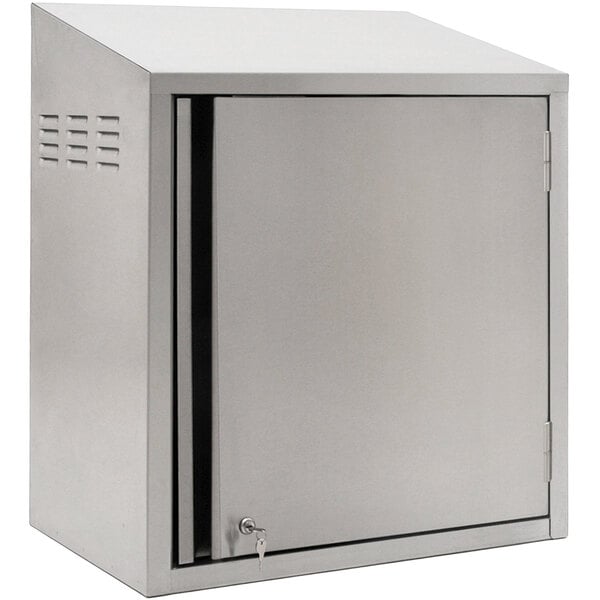 A white Eagle Group stainless steel wall cabinet with a key lock and a right hinged door.