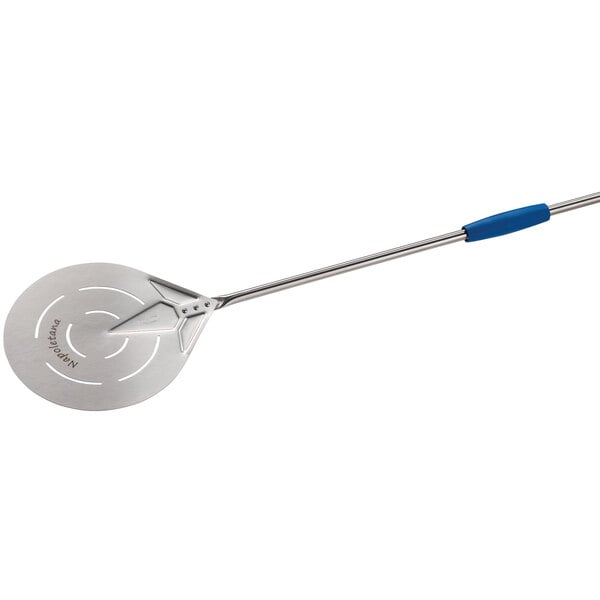 A GI Metal stainless steel pizza peel with a blue handle.