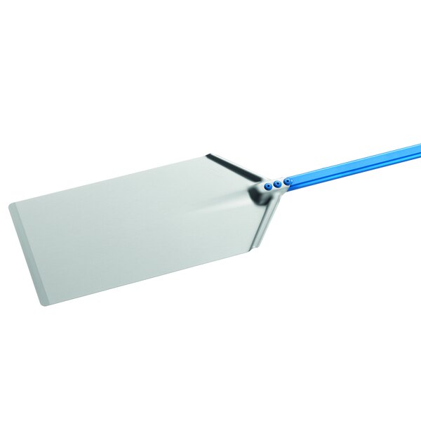 A blue anodized aluminum rectangular pizza peel with a handle.