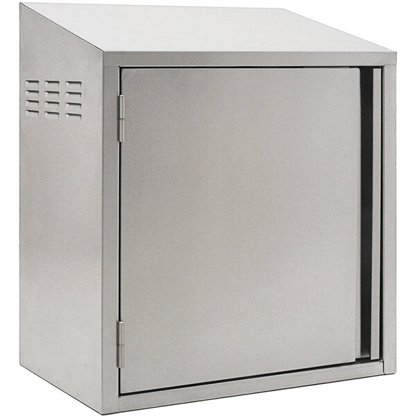 A silver metal Eagle Group stainless steel wall cabinet with a door on a white background.