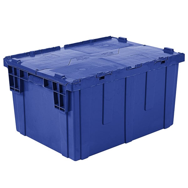 A dark blue Orbis Stack-N-Nest Flipak tote box with hinged lid.