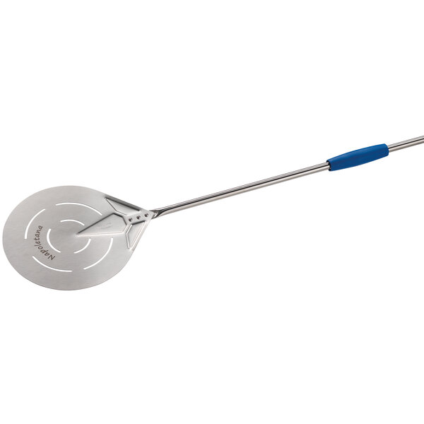 A GI Metal stainless steel round turning perforated pizza peel with a blue handle.
