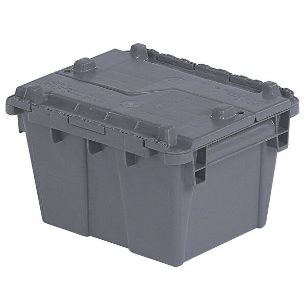 An Orbis gray plastic Stack-N-Nest tote box with hinged lid.